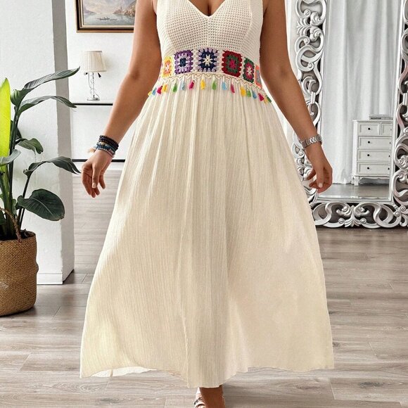 Apricot Boho Women's Plus Size V-Neck Knitted Embroidered Sleeveless Dress - Picture 5 of 6